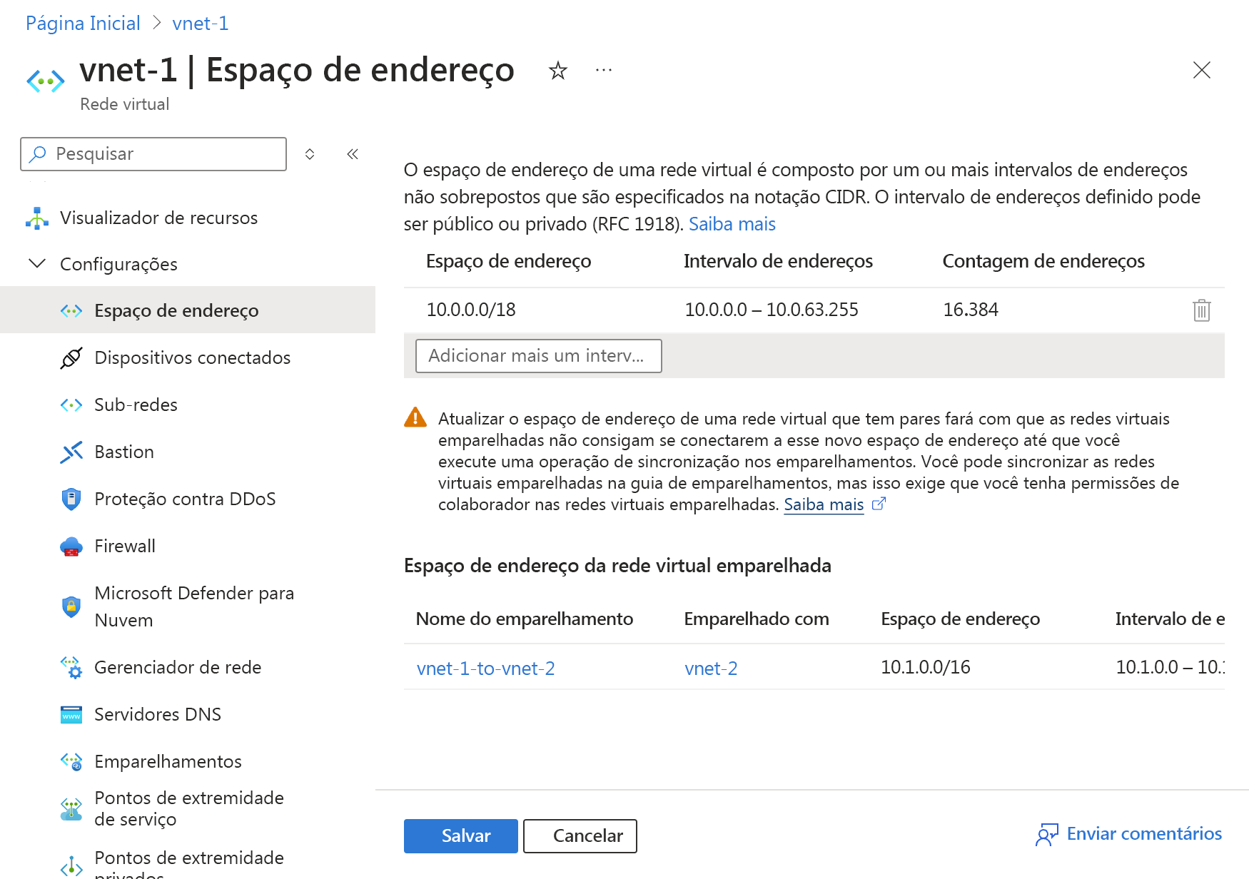 A captura de tela mostra o salvamento das alterações no intervalo de endereços da sub-rede.