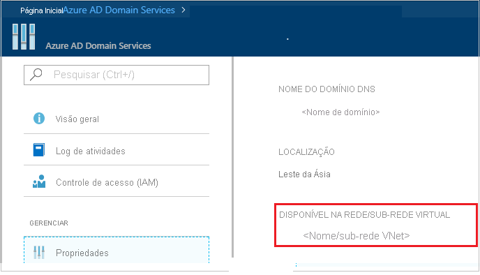 Captura de ecrã do ecrã dos Serviços de Domínio Microsoft Entra no portal do Azure. O campo Disponível na Rede Virtual/Sub-rede é realçado.