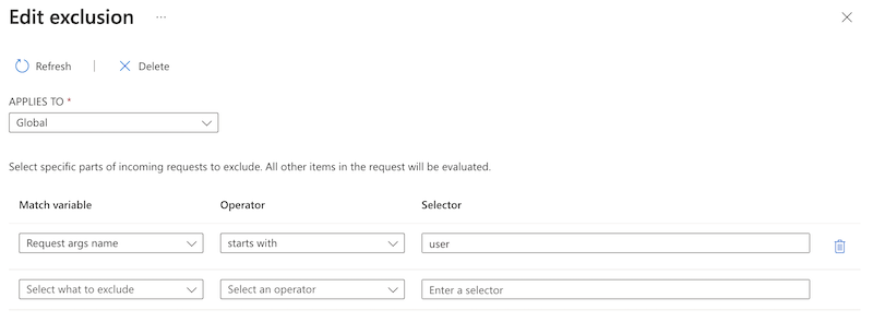 Captura de ecrã do portal do Azure que mostra a configuração de exclusão global para a política W A F.