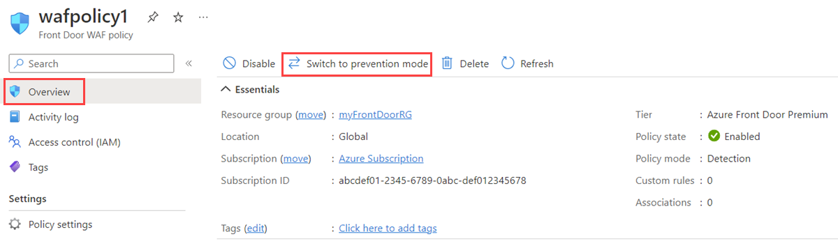 Captura de ecrã que mostra a página Descrição Geral da política WAF da Porta da Frente do Azure que mostra como mudar para o modo de Prevenção.