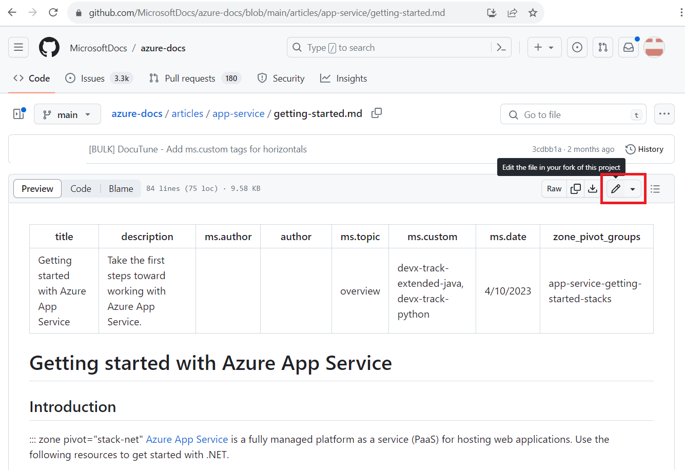 Captura de tela do artigo do Azure no GitHub, mostrando o ícone de lápis **Editar**.