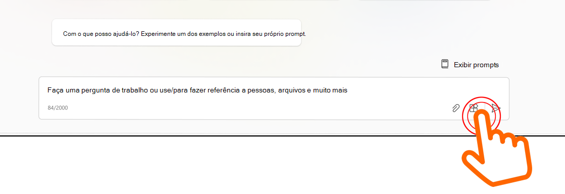 Imagem a mostrar um cursor a apontar para o menu de plug-in na caixa de entrada da conversa no Microsoft 365 Copilot.