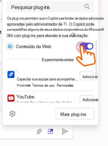 Imagem a mostrar um cursor a apontar para o botão de alternar de plug-in de conteúdo Web ativado.