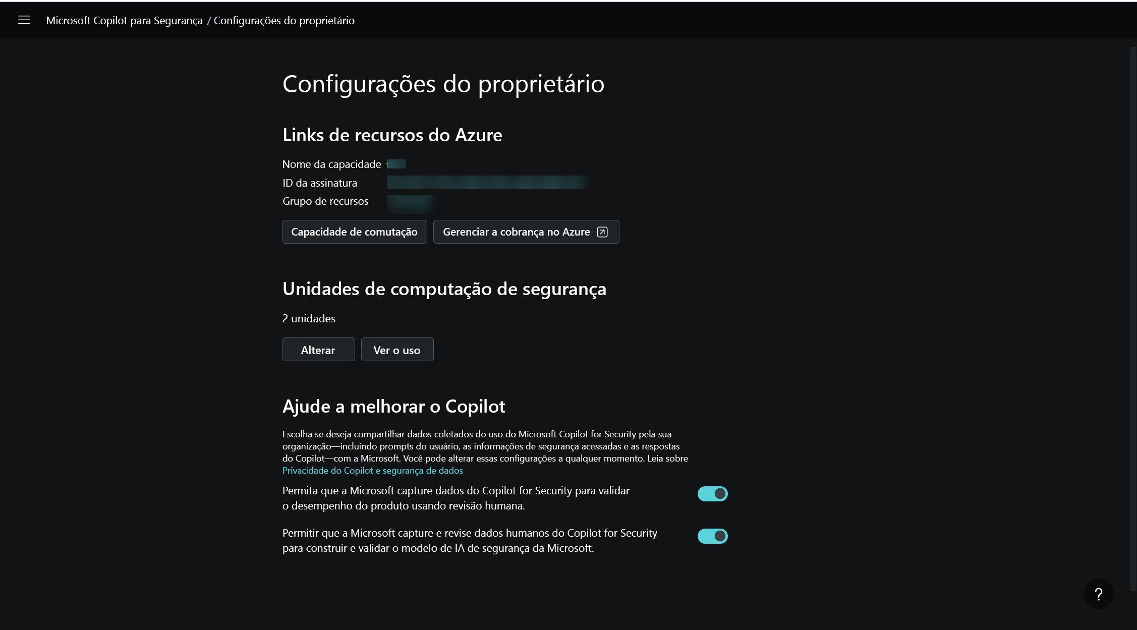 Captura de tela da página de configurações do proprietário.