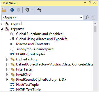 Captura de tela da janela Modo de Exibição de Classe mostrando as classes no projeto, como CipherFactory, FilterTester e assim por diante.