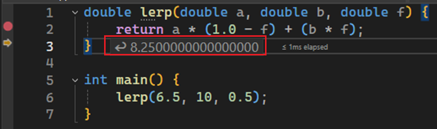 Uma captura de tela de uma dica de ferramenta mostrando o valor 8,25. É o resultado da expressão após a instrução return que foi ultrapassada.