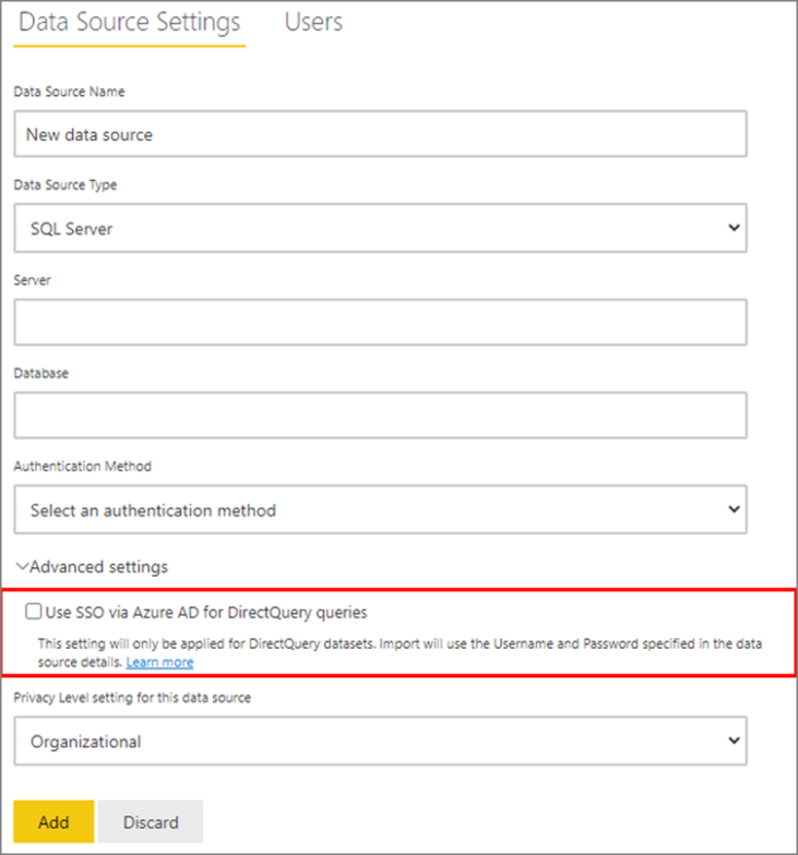 Captura de tela da página de configurações da fonte de dados com ênfase em Usar SSO via ID do Microsoft Entra para consultas diretas.