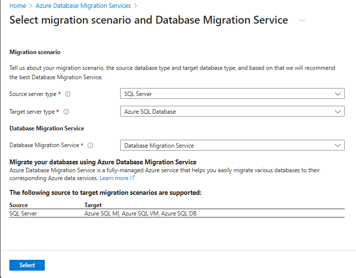 Captura de tela que mostra os detalhes o novo cenário de migração.