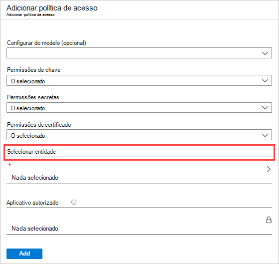 Captura de ecrã a mostrar a página adicionar política de acesso.