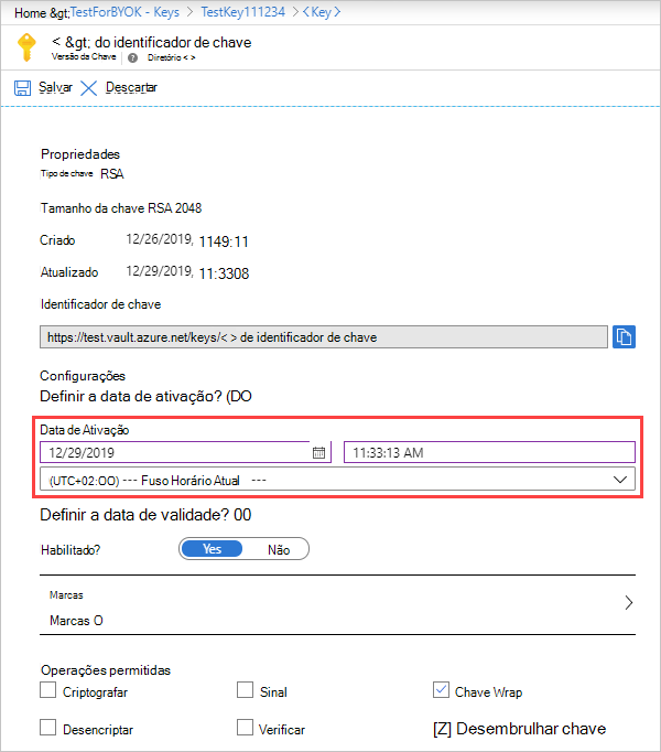 Captura de ecrã a mostrar a data de ativação da chave.