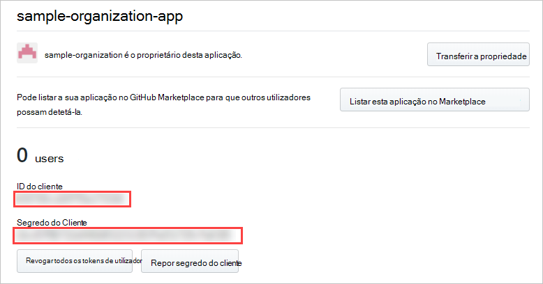 Captura de ecrã a mostrar os detalhes de uma aplicação oauth.