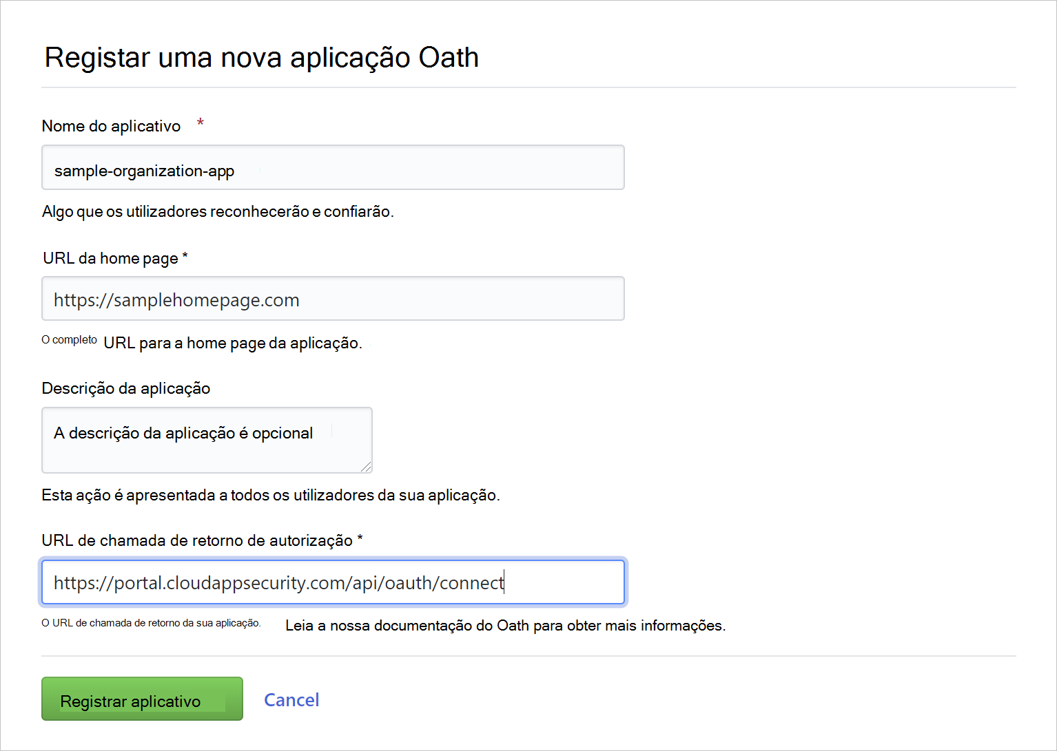 Captura de ecrã a mostrar o registo de uma aplicação oauth.