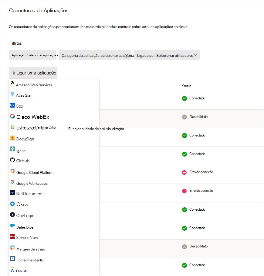 Captura de ecrã a mostrar a adição do conector de aplicações.