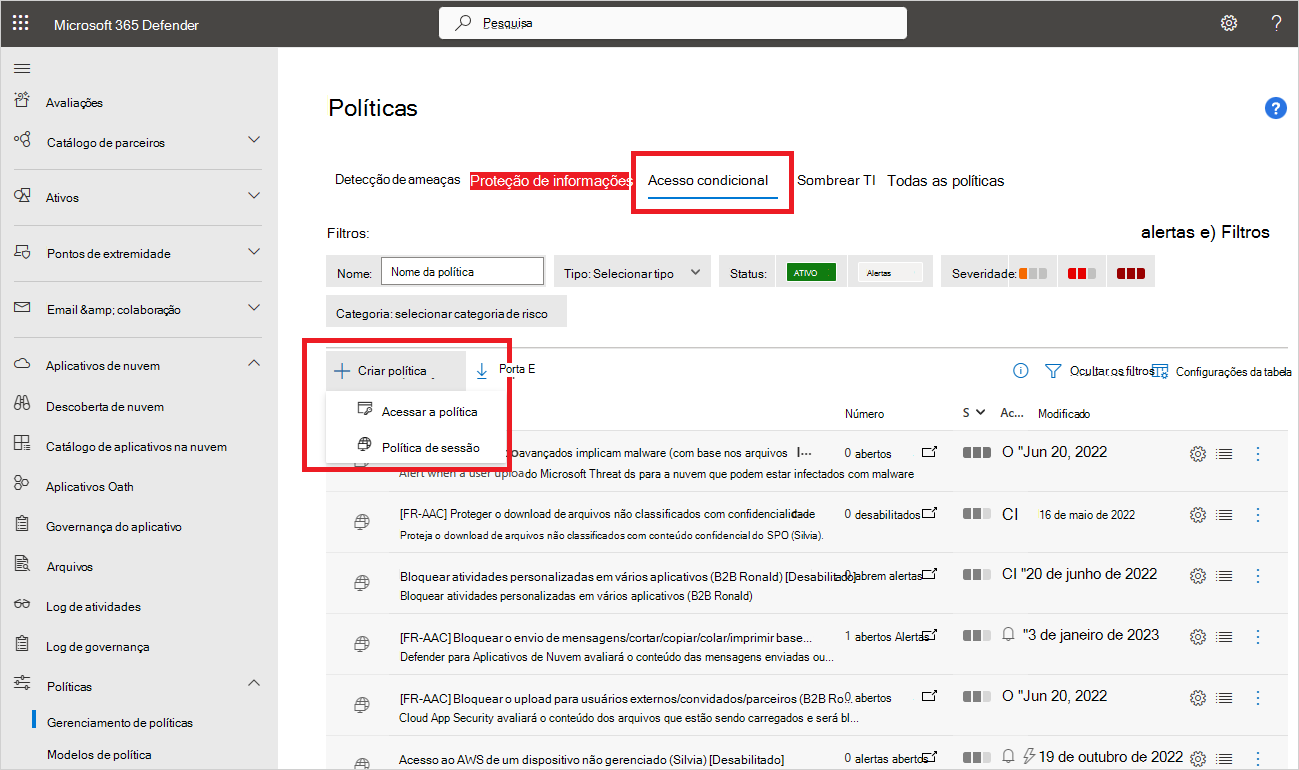 Captura de ecrã da página Criar uma política de Acesso Condicional.