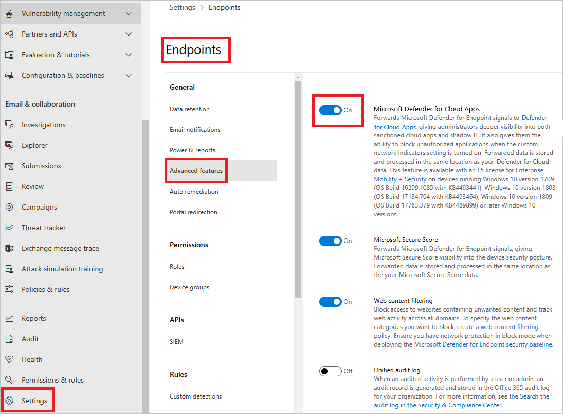 Captura de ecrã das definições do Defender for Endpoint.