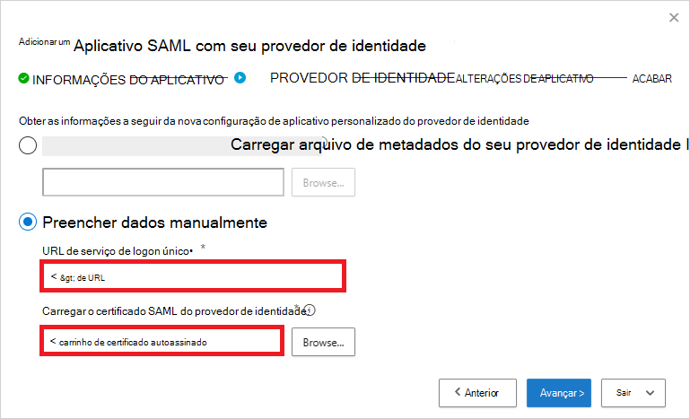 Adicione o URL do serviço SSO e o certificado SAML.