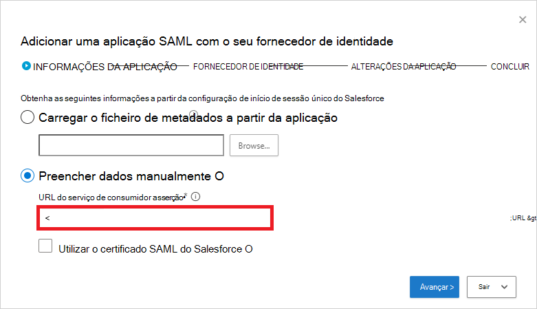 Preencha manualmente as informações SAML do Salesforce.