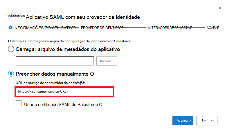 Preencha manualmente as informações SAML do Salesforce.