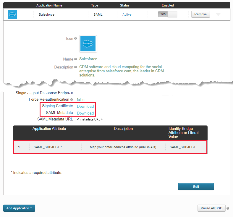 Tenha em atenção os atributos existentes da aplicação Salesforce.