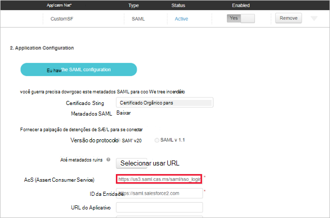 Substitua ACS na aplicação salesforce personalizada.