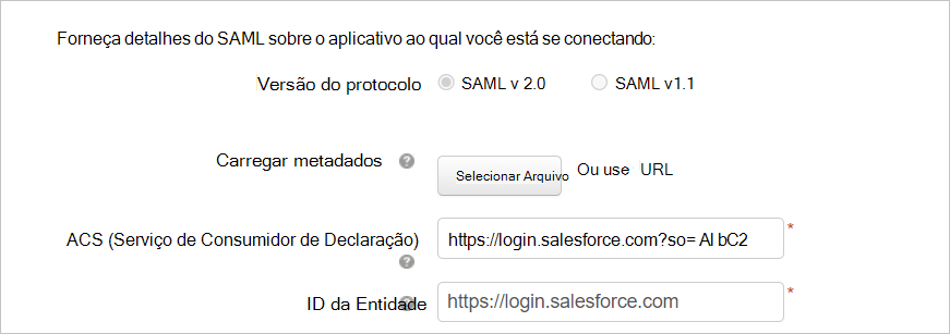 Configure a aplicação personalizada com os detalhes SAML do Salesforce.