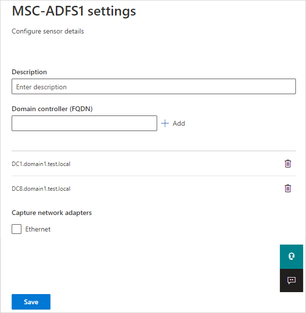 Captura de tela de seleções para configurar um resolvedor de sensor dos Serviços de Federação do Ative Directory no Defender for Identity.