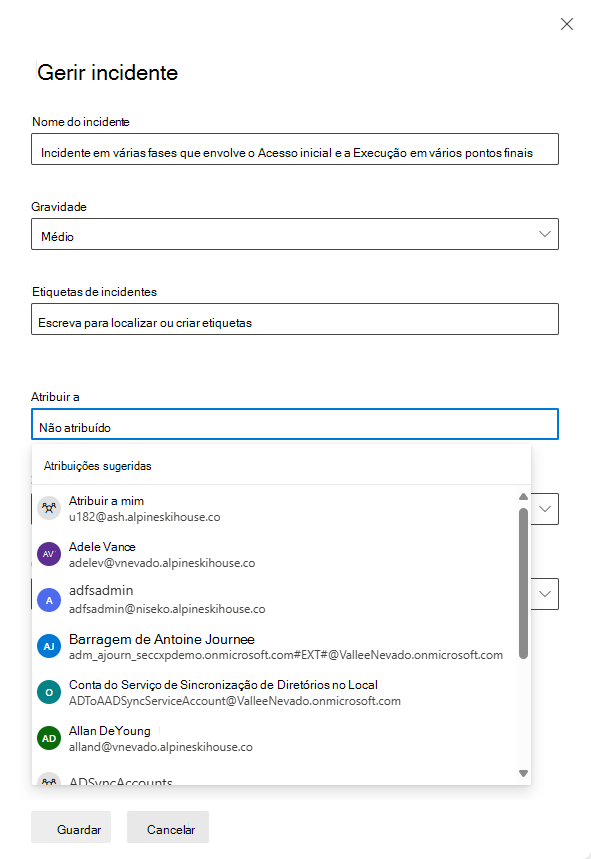 Captura de ecrã a mostrar como atribuir um proprietário no painel Gerir incidentes no portal do Microsoft Defender.