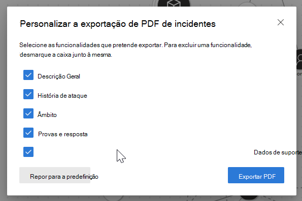 Captura de ecrã a realçar a opção exportar incidente para PDF.