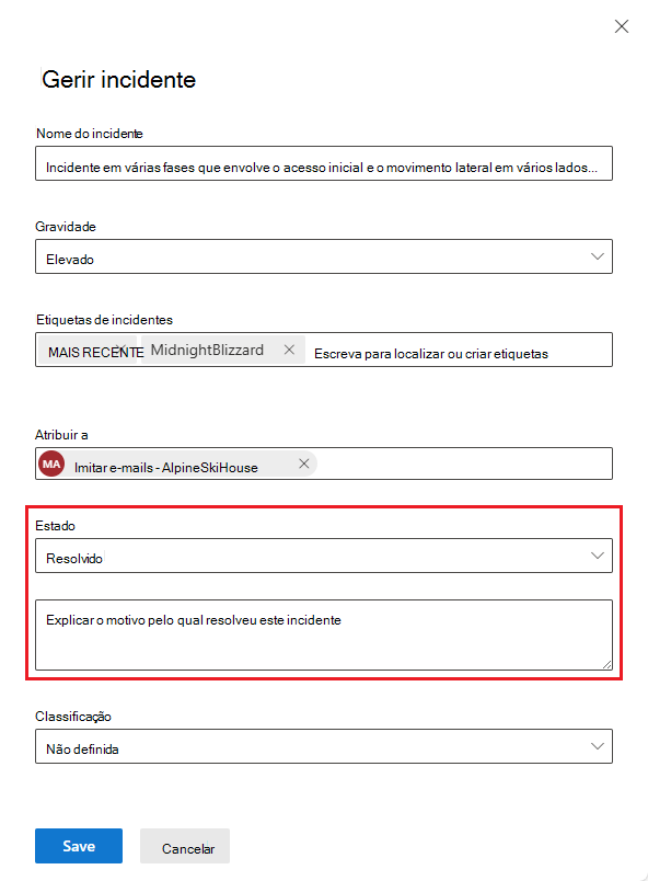 Captura de ecrã do painel de gestão de incidentes com nota de resolução de incidentes.