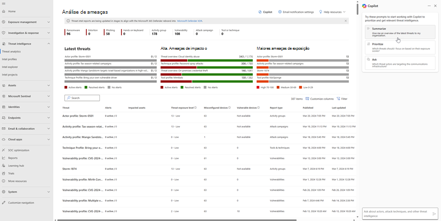 Captura de ecrã do painel do Copilot em informações sobre ameaças no Defender XDR.