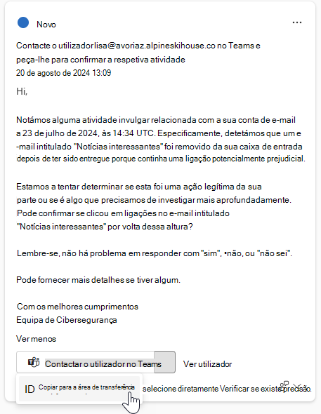 Captura de ecrã que mostra o texto sugerido para comunicação num cartão de resposta guiado.