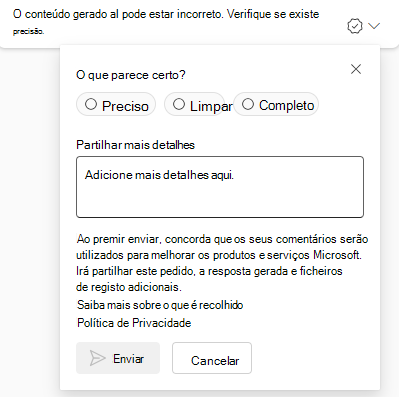 Captura de ecrã que mostra a caixa de texto Feedback onde pode partilhar os seus comentários.