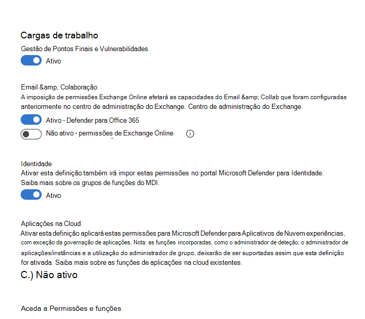 Captura de ecrã a mostrar a opção escolher cargas de trabalho para ativar o ecrã.