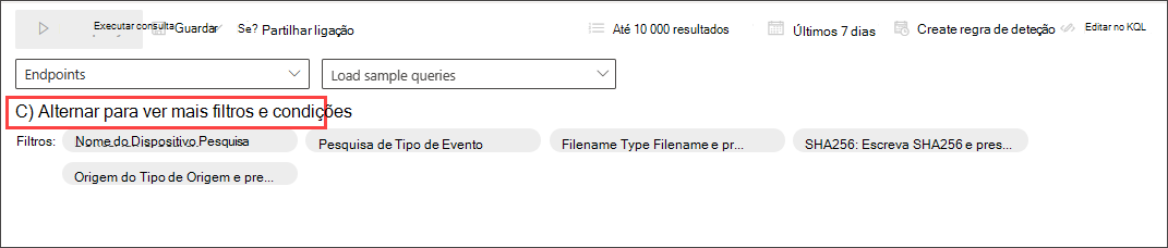 Captura de ecrã do botão de alternar mais filtros do construtor de consultas do modo guiado