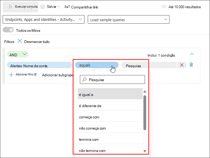 Captura de ecrã a mostrar diferentes condições que pode utilizar