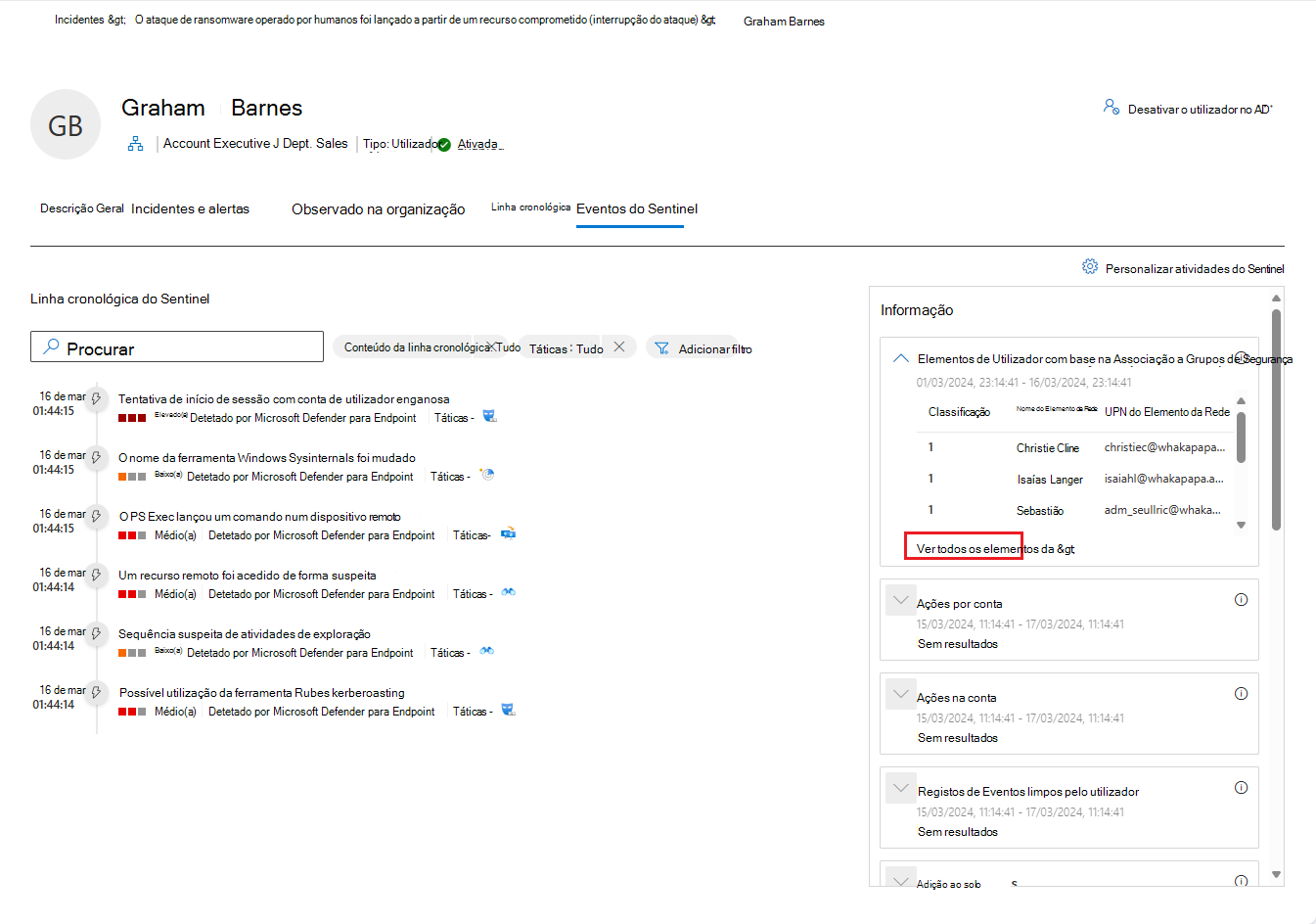 Captura de ecrã do separador Sentinel eventos na página da entidade do utilizador.