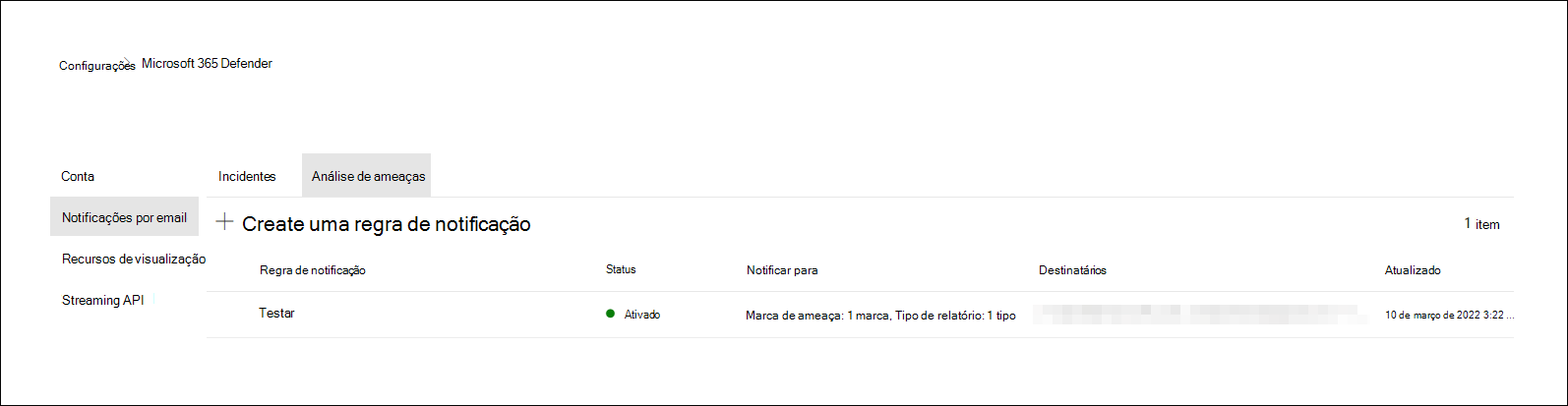 Captura de ecrã da lista de regras de notificação por e-mail no ecrã Definições