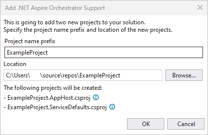 Uma captura de tela mostrando o resumo de orquestração do item Visual Studio adicionado a .NET Aspire.