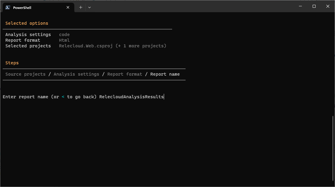 Screenshot of the CLI report name screen