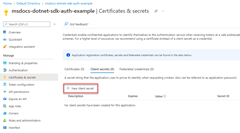 Uma captura de tela mostrando o local do link a ser usado para criar um novo segredo de cliente na página de certificados e segredos.