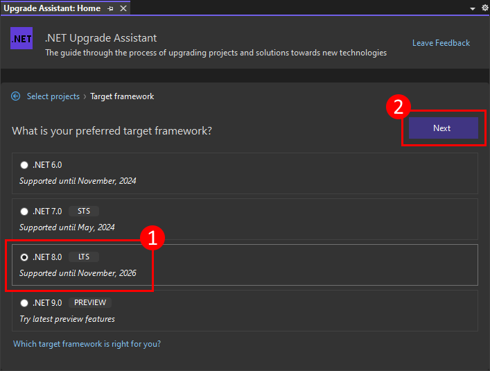 A página 'Estrutura de destino' do assistente de análise do Assistente de Atualização do .NET no Visual Studio. O item '.NET 8.0' é realçado juntamente com o botão 'Seguinte'.