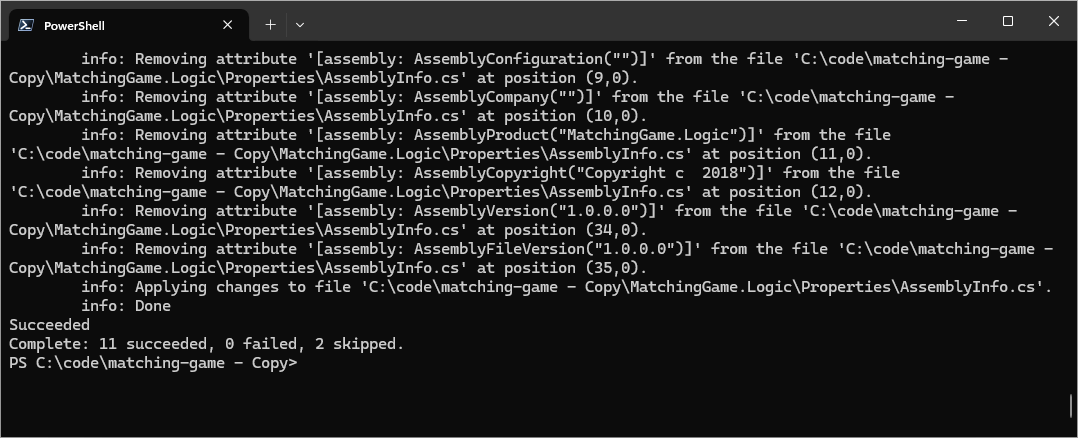 Um terminal mostrando os resultados do comando upgrade ao usar a ferramenta global do .NET Upgrade Assistant.