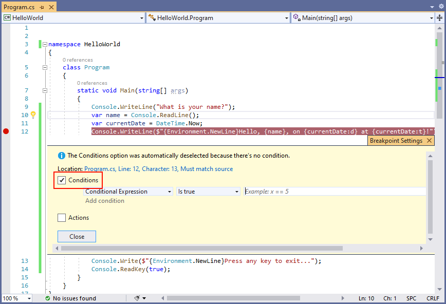 mostrando o painel de configurações de ponto de interrupção - C#