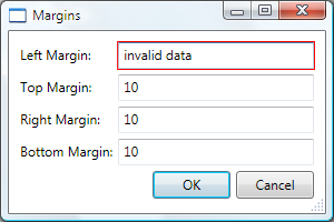 Uma caixa de diálogo Margens com uma borda vermelha ao redor do valor de margem esquerda inválido.