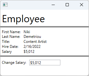 Uma janela do WPF que mostra detalhes sobre um funcionário, como nome, sobrenome, título, data de contratação e salário.