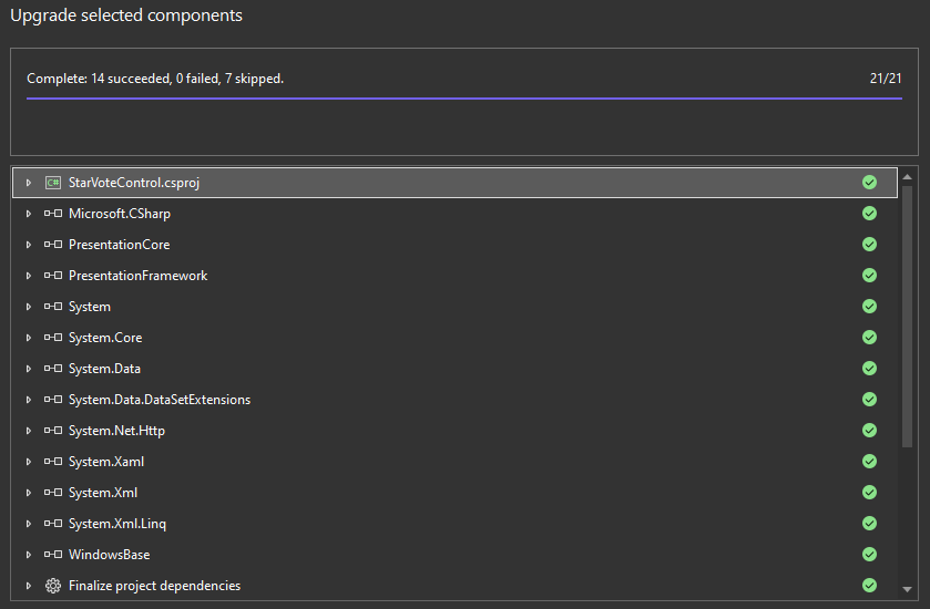 A guia de resultados de atualização do Assistente de Atualização do .NET, mostrando que 7 dos 21 itens foram ignorados.