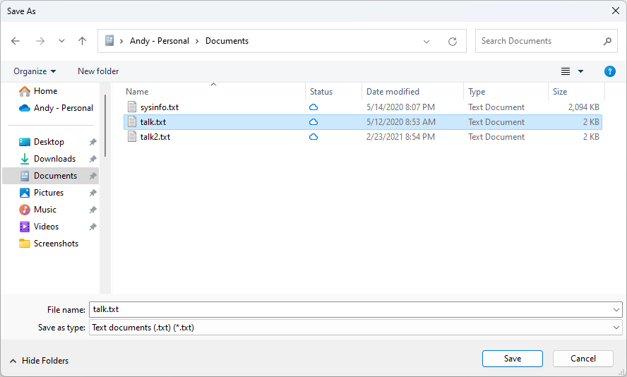 Uma caixa de diálogo Salvar como mostrando o local para salvar o arquivo mostrado de um aplicativo WPF.