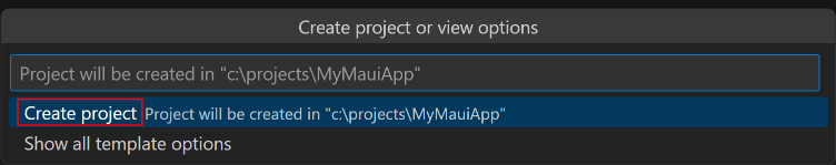 Captura de tela da criação de um novo projeto na paleta de comandos no Visual Studio Code.