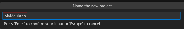 Captura de tela de inserir um nome de projeto na paleta de comandos no Visual Studio Code.