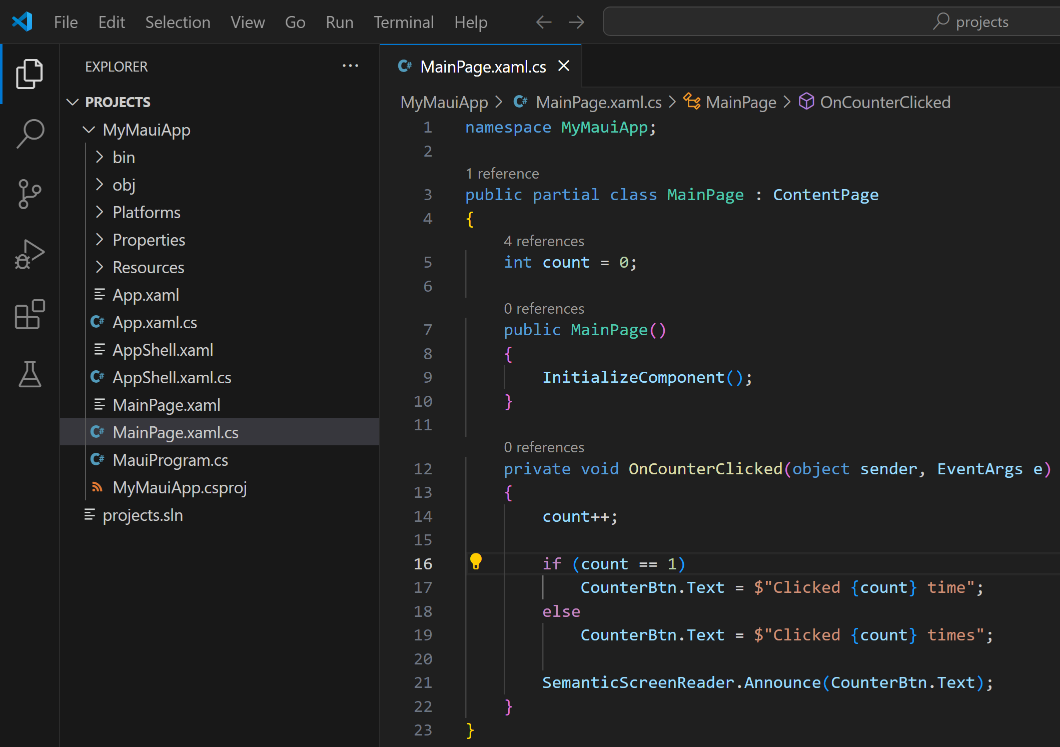 Captura de tela de um arquivo C# aberto no Visual Studio Code.